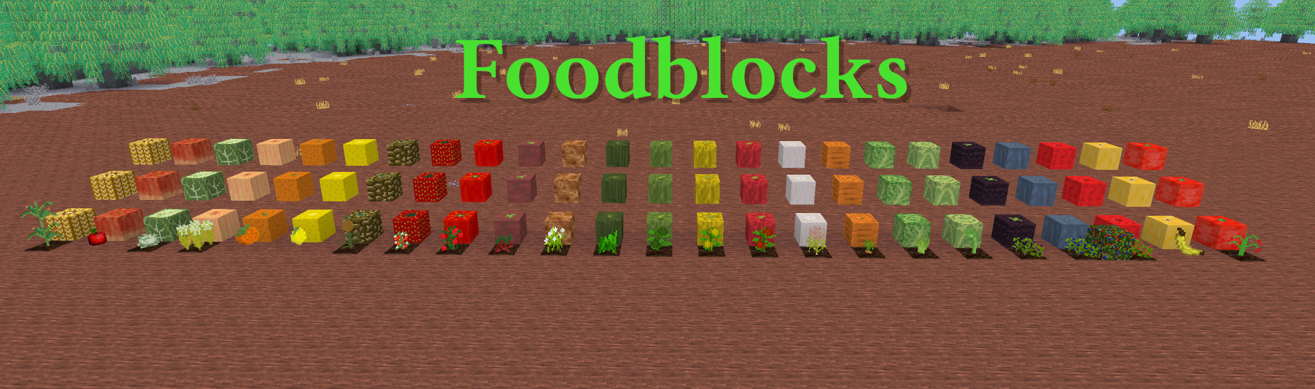 A screenshot of all the food blocks in the mod lined up in a row with their constituent plants in front of them.