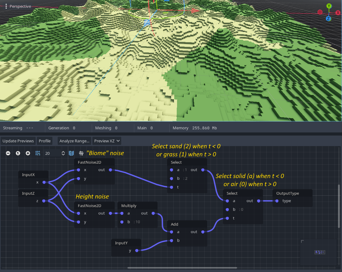 Example screenshot of a blocky heightmap with two biomes made with a graph generator